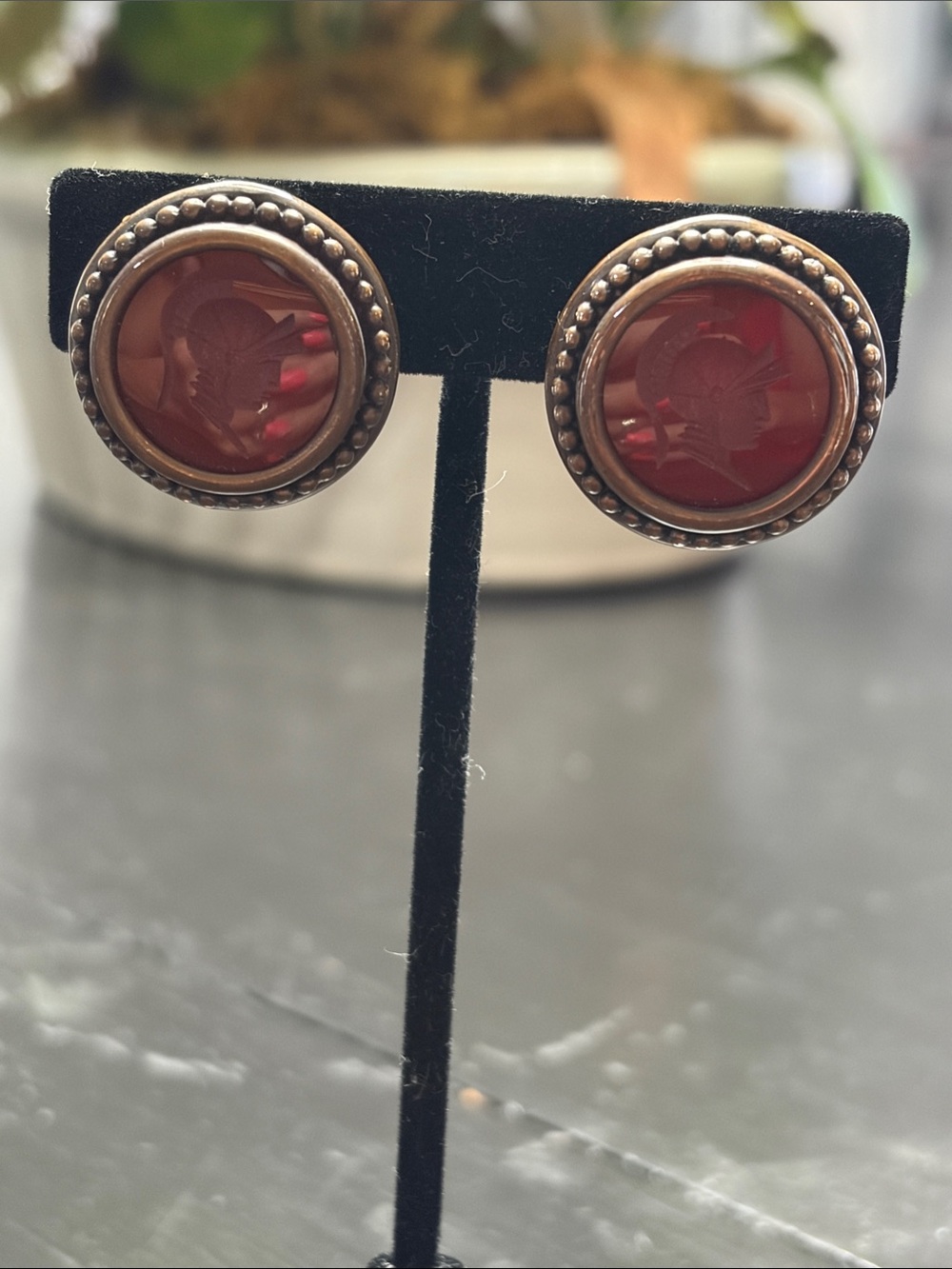 Stephen Dweck 925 Carved Carnelian Soldier clip on earrings